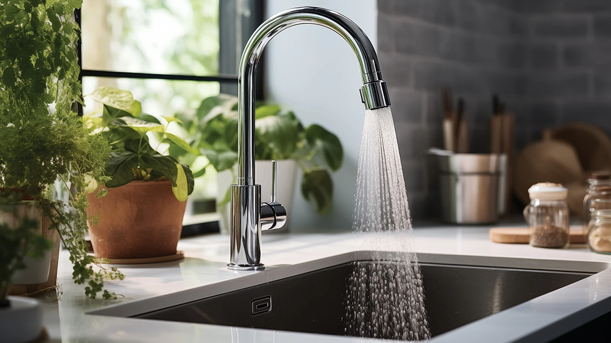 Modern kitchen faucet with running water for residential plumbing services