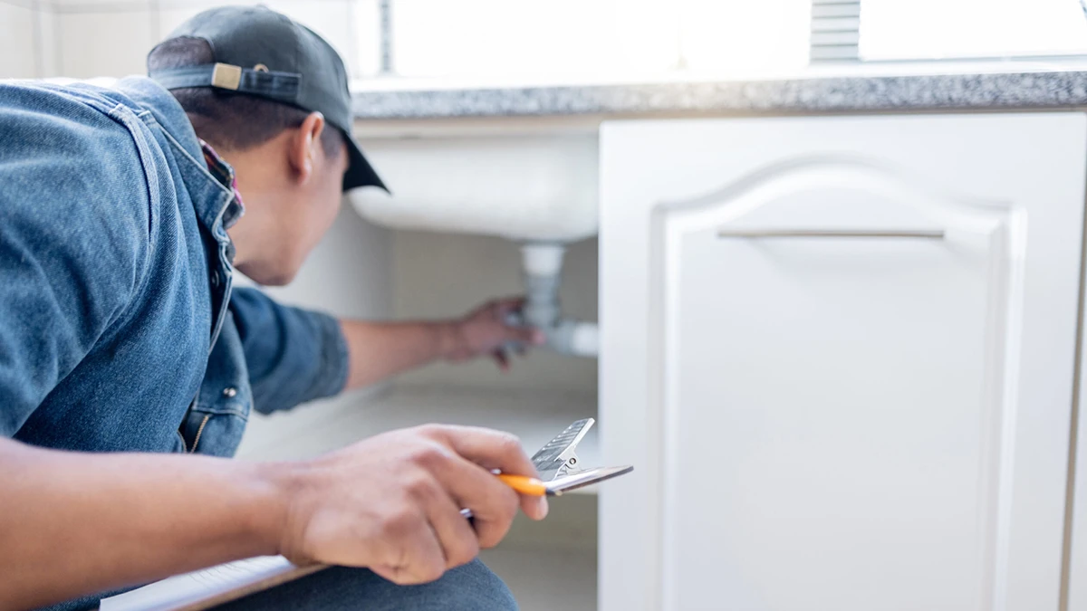Plumbing technician inspecting pipes under a kitchen sink